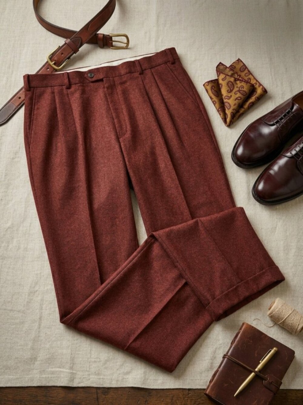 Paul Fredrick VTG 90's Men's Terracotta Wool Pleated Dress Pants Cuffed 38×32